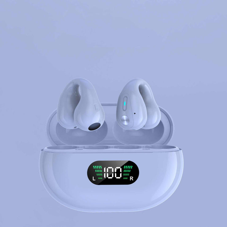 Bone conduction headphones with Bluetooth 5.3 in a charging case, showcasing white earbuds and an LED display.