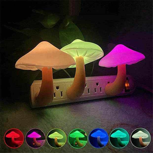 LED night light with mushroom design in warm white, EU US plug, light-control sensor, ideal for home decoration.