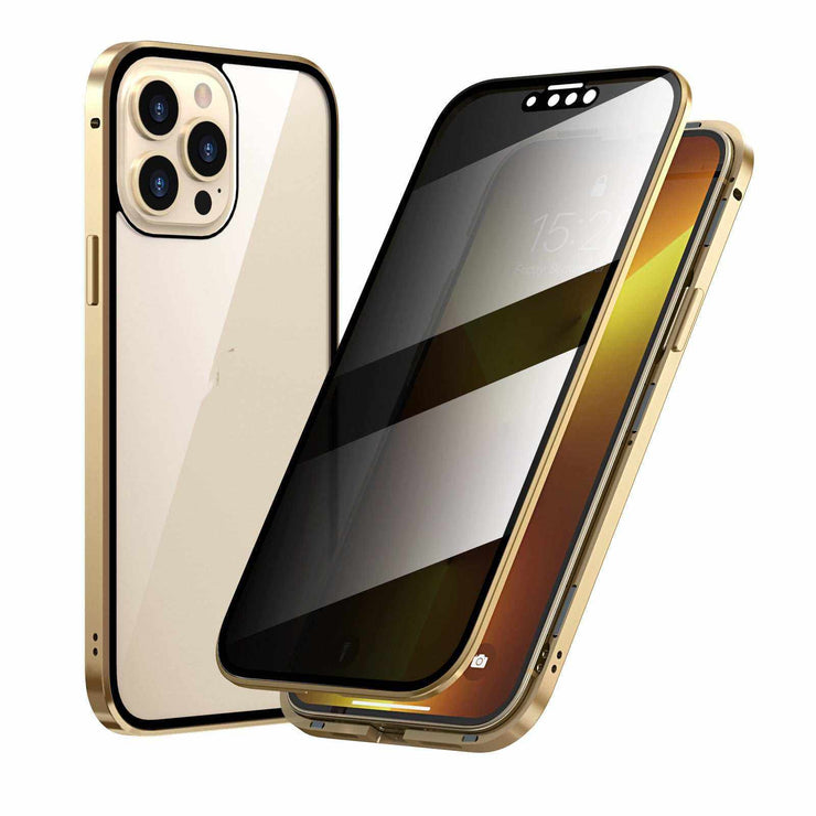 Privacy-proof Magneto double-sided metal phone case for Apple models in gold.