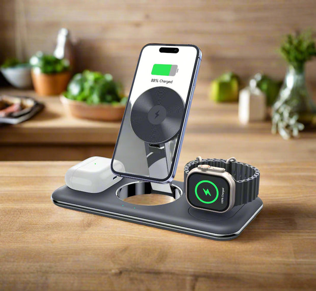Folding magnetic wireless charger with desktop bracket for phone, watch, and headphones in black.