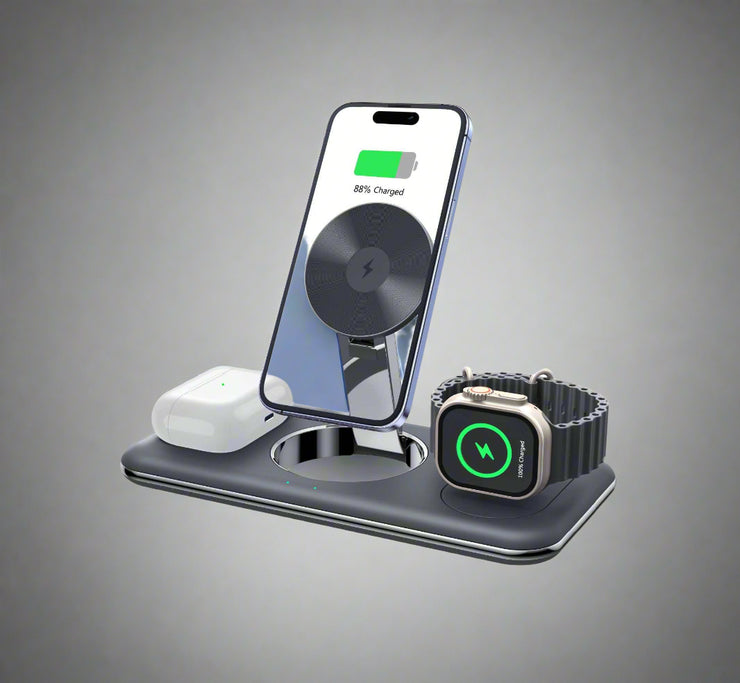 Folding magnetic wireless charger in black for phone, headphones, and watch with Type-C port and security protection.