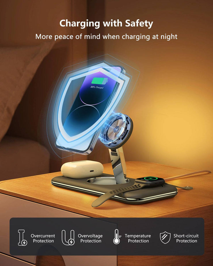 Folding Magnetic Wireless Charger with Safety Features on Desk