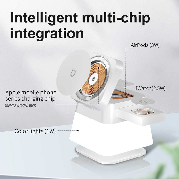 4-in-1 wireless charging stand with intelligent multi-chip integration for Apple devices.