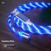 Magnetic LED fast charging cable in sapphire blue, 2m length, USB type with glowing effect.