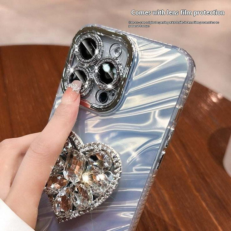 Rhinestone love bracket phone case with lens protector for iPhone.