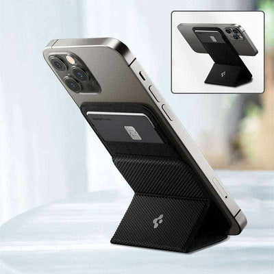 Magnetic card holder for mobile phones in classic black, compatible with Apple iPhone models.