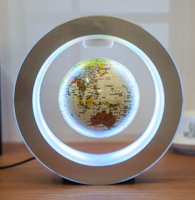 Round LED world map globe with magnetic levitation and glowing LED light.