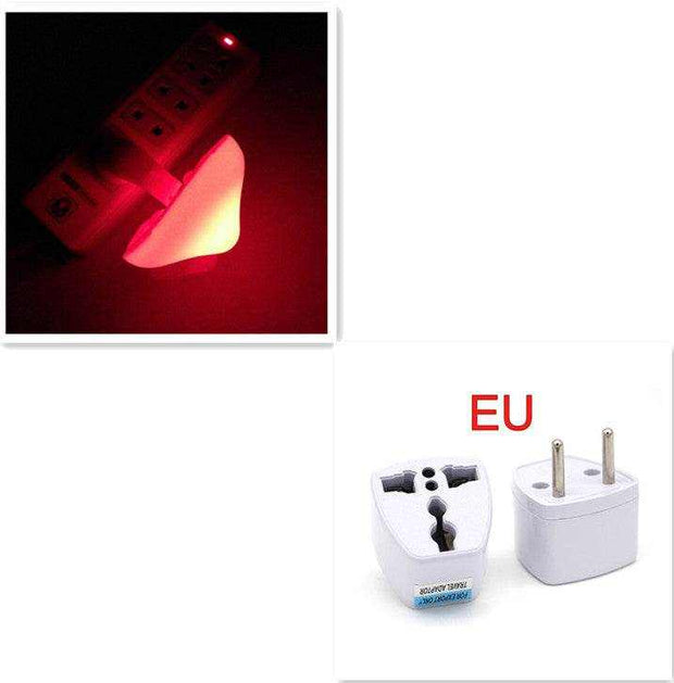 LED night light with EU plug, warm yellow glow, and light-control sensor.