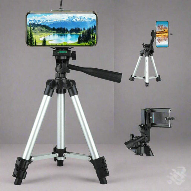 Professional camera tripod stand with mobile phone holder, featuring aluminum legs, 360-degree swivel head, and non-slip feet, ideal for outdoor and travel use.