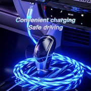 Magnetic LED fast charging cable glowing in car, highlighting convenience and safe driving.