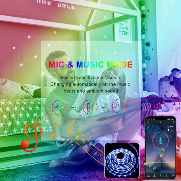 5050 RGB LED Strip with Bluetooth remote and music sync mode.