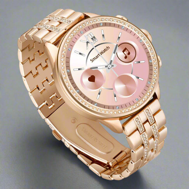 Gold smart watch for women with Bluetooth calling and health monitoring features.