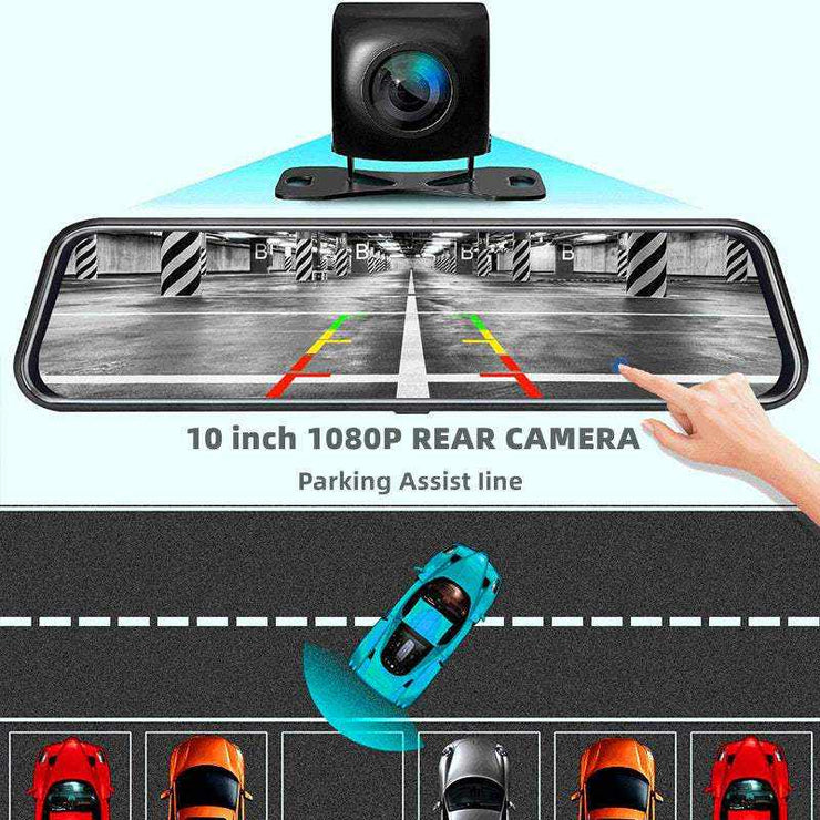 Front and rear dual dash cam with 10-inch 1080p rear camera and parking assist line.