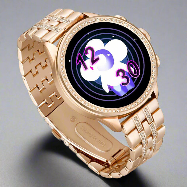 Gold smart watch with Bluetooth calling and TFT screen for women, featuring a stylish design and multiple health functions.