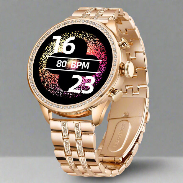 Gold smart watch with Bluetooth calling, heart rate monitor, and TFT touch screen.