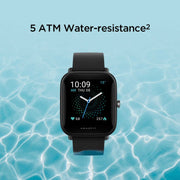 Smart watch with blood oxygen monitoring, 5 ATM water resistance, shown against water background.