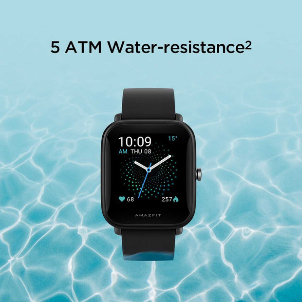 Smart watch with blood oxygen monitoring, 5 ATM water resistance, shown against water background.
