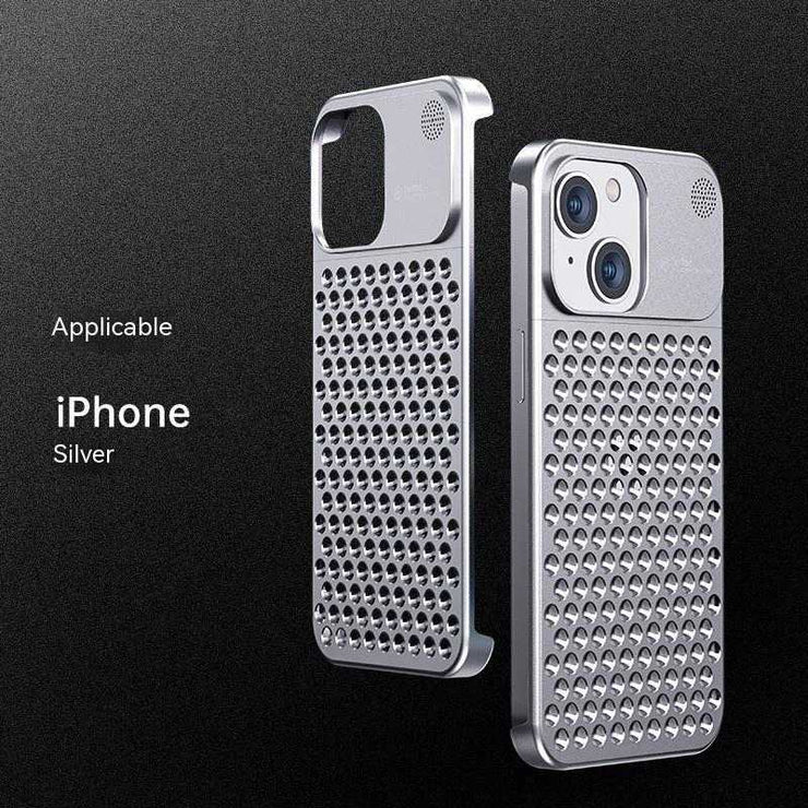 Aluminum alloy shockproof phone case with hollow heat dissipation for iPhone 14/13 Pro Max in silver.