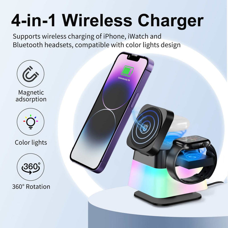 4-in-1 wireless charging stand with colorful LED lights, magnetically charges iPhone, iWatch, and Bluetooth headsets.