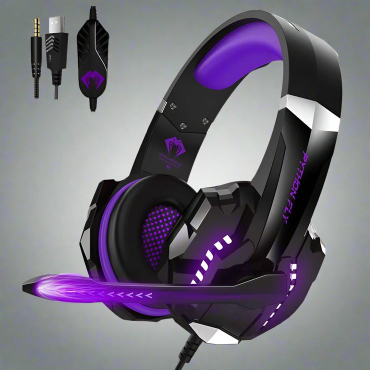 Wired gaming headset with microphone, USB plug, head-mounted, purple color.