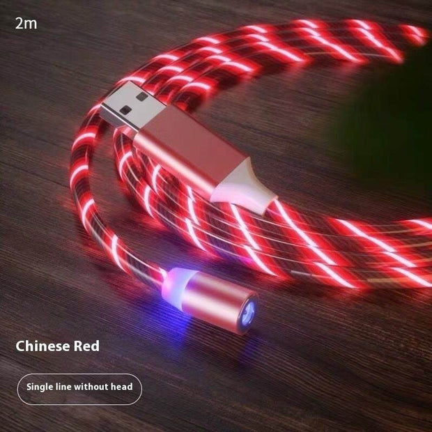 Magnetic LED fast charging cable in Chinese red color, 2m length, displaying glowing LED effect.