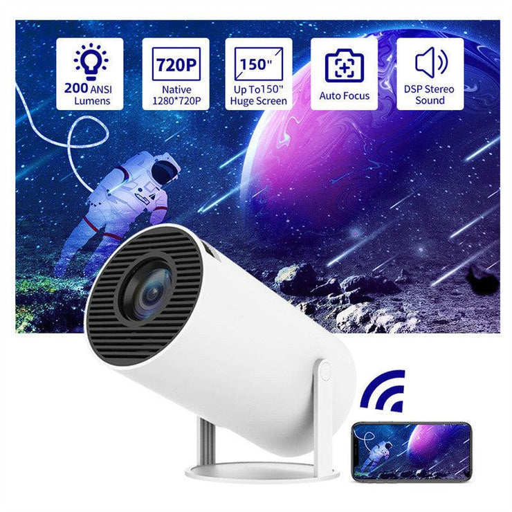 Small straight projector with 180-degree rotation, automatic focus, and 720P resolution.