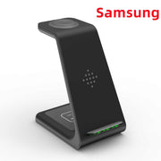 3 in 1 wireless charging station for Samsung devices, sleek black design.