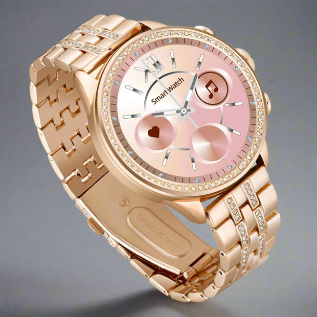 Gold fashion smart watch with Bluetooth calling, featuring a TFT screen and various health monitoring functions.