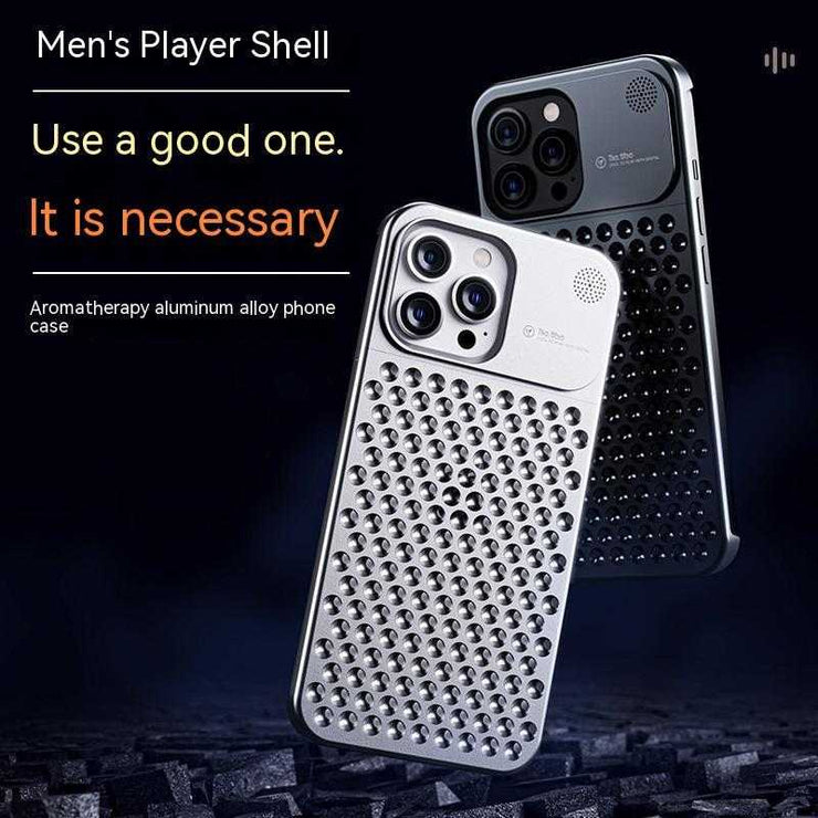 Aluminum alloy shockproof phone case for iPhone 14/13 Pro Max with hollow heat dissipation.