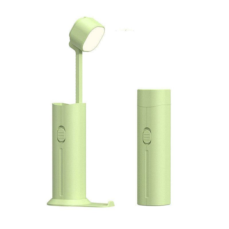 Portable rechargeable multi-function desk lamp and flashlight in green color.