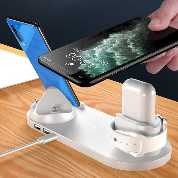 6 in 1 wireless charging station for iPhone, AirPods, and smartwatch.