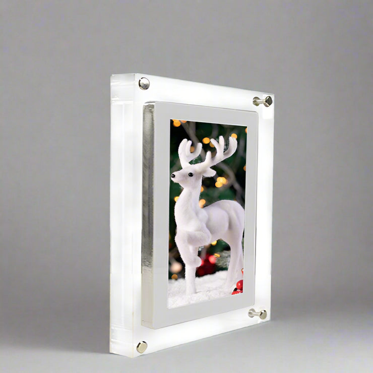 Acrylic digital picture frame displaying reindeer image, featuring HD video playback and Type C connectivity.