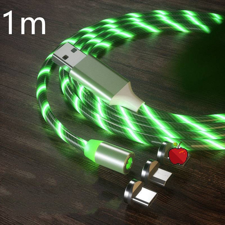 Magnetic LED fast charging cable with green glow, 1 meter length, compatible with Type-C, Micro USB, and Lightning connectors.