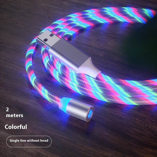 Colorful magnetic LED fast charging cable, 2 meters, Type-C, Micro USB, Lightning compatible.