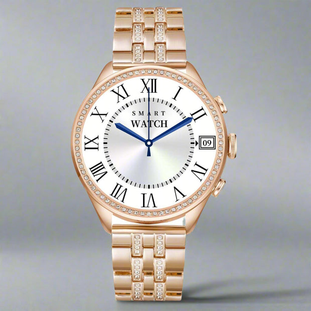 Gold smart watch with Roman numeral display, ideal for fashion and Bluetooth calling.