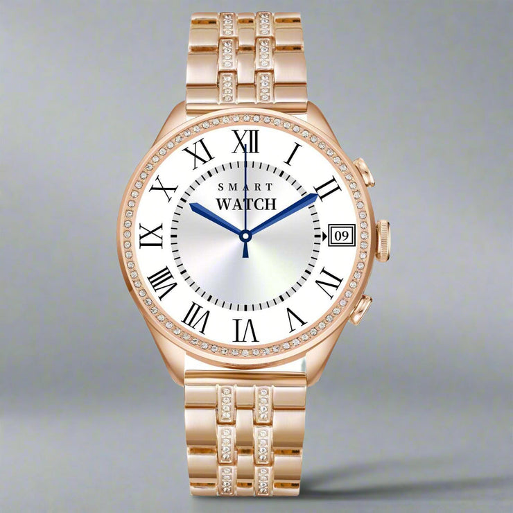 Gold smart watch with Roman numeral display, ideal for fashion and Bluetooth calling.