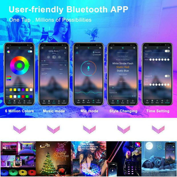 User-friendly Bluetooth app for 5050 RGB LED Strip with color and mode options displayed on smartphones.