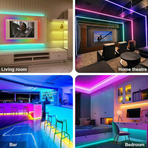 5050 RGB LED Strip illuminating living room, home theatre, bar, and bedroom with vibrant colors.