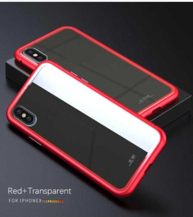 Red and transparent magnetic tempered glass screen protector for iPhone 11 series.