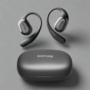 Wireless long endurance ear-mounted sports Bluetooth headset in black with charging case.