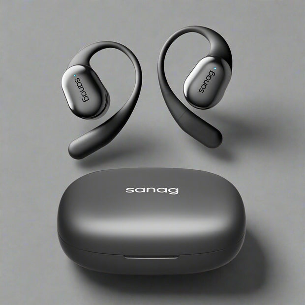 Wireless long endurance ear-mounted sports Bluetooth headset in black with charging case.