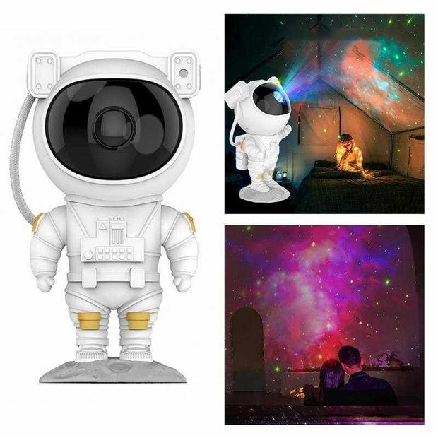 Astronaut galaxy projector nightlight displaying colorful nebula and star effects in a bedroom setting.