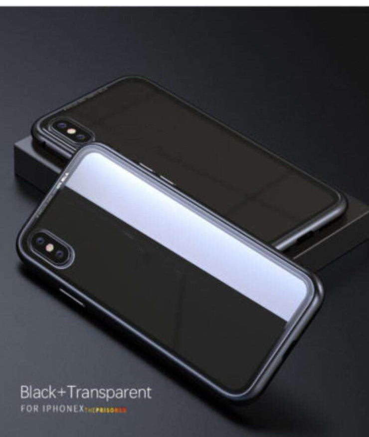 Magnetic tempered glass screen protector with black and transparent back cover for iPhone models.