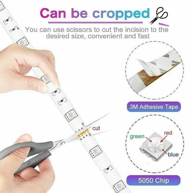 LED strip being cut with scissors, showing 5050 RGB chip and 3M adhesive tape.