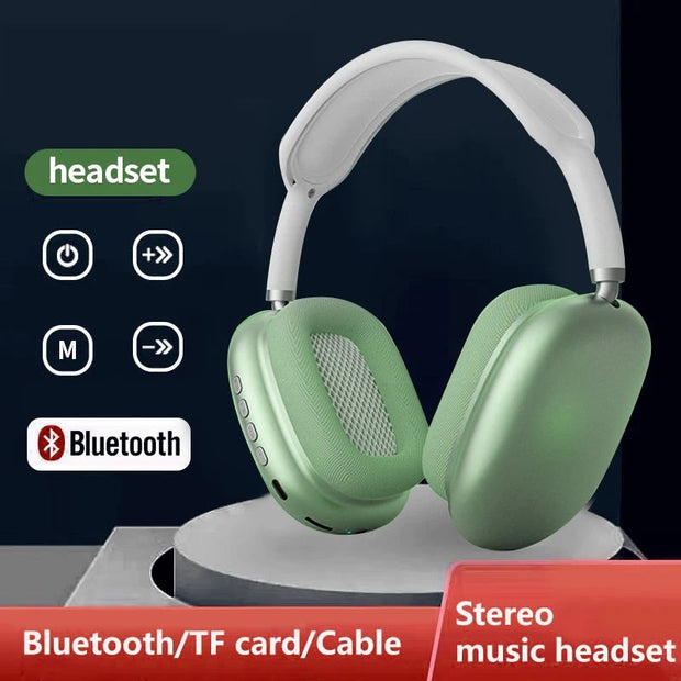 P9 Wireless Bluetooth headset with mic, noise-cancelling earbuds, green color, compatible with Bluetooth and TF card.