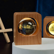 Beech wood LED lamp with 3D laser engraved crystal ball featuring elk and jellyfish design, dimmable USB night light.