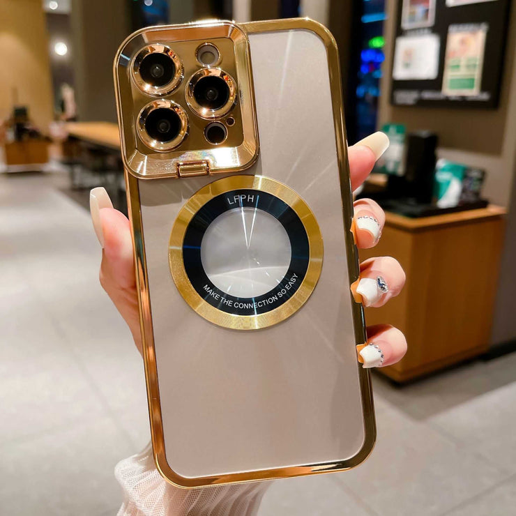 Electroplated phone case with luxury CD pattern and Magsafe magnetic bracket for iPhone models.