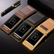 Dual screen flip phone for elderly with touch function, available in black, gold, and coffee colors.