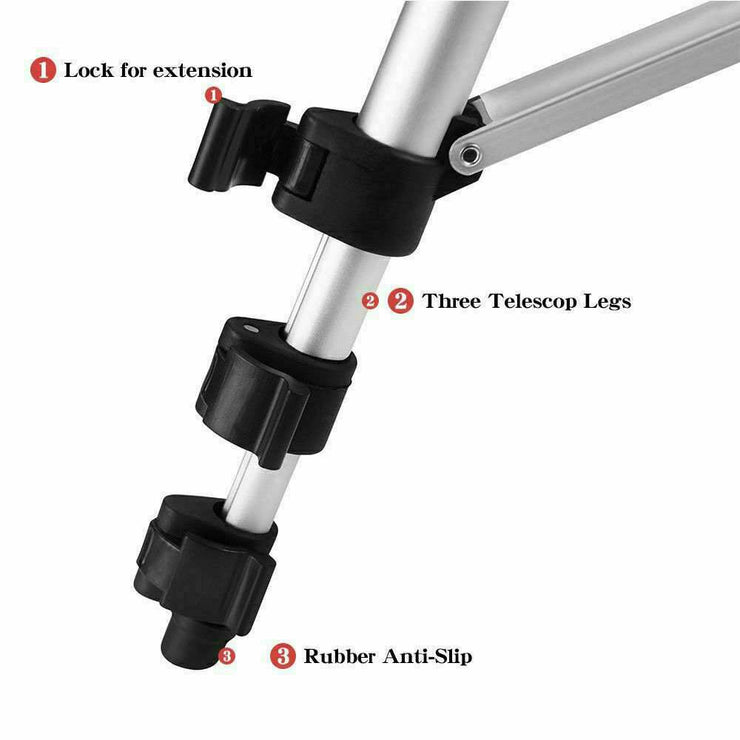 Professional camera tripod with lock extension, telescopic legs, and rubber anti-slip feet.