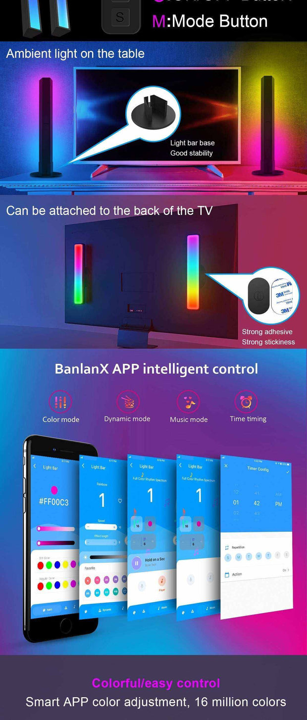 LED Desktop Atmosphere Light with Bluetooth control, showcasing color adjustment and dynamic modes through a smart app interface.